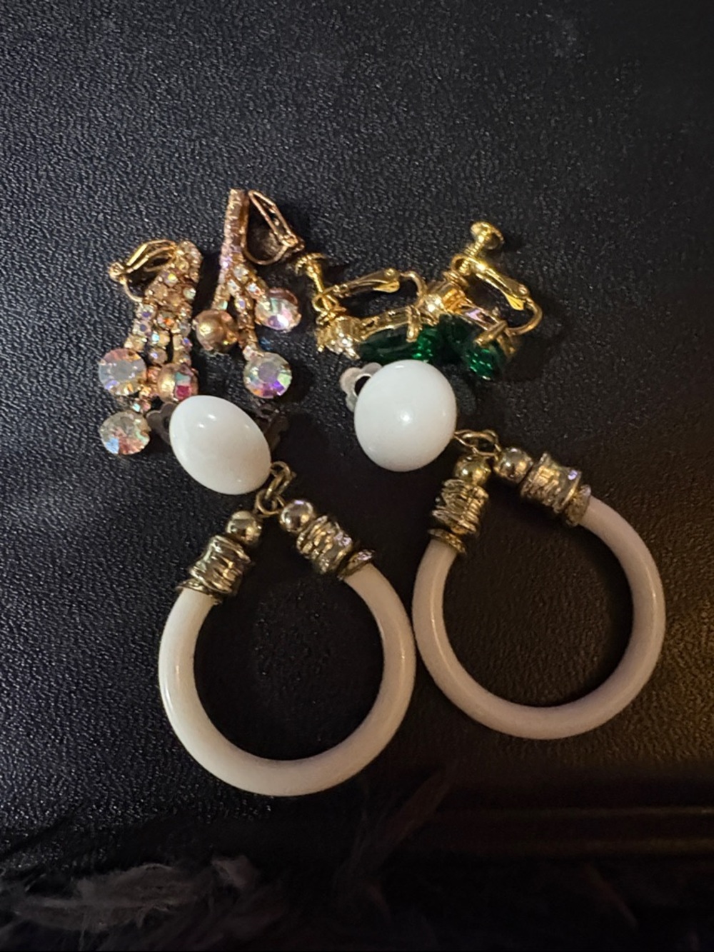 White Hoop and Crystal Dangle Clip-On Earrings